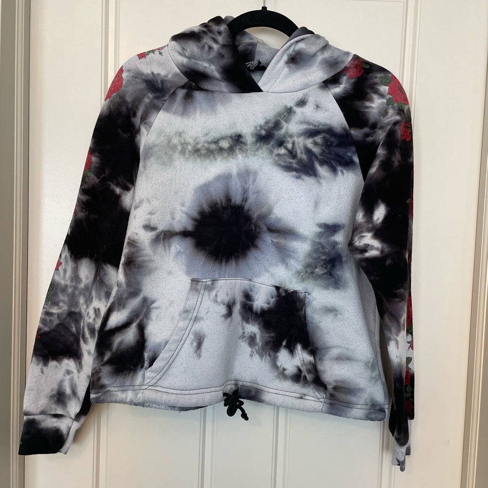 Rue 21 Black Gray White Bleach Dye Tie Dye Hoodie Roses Raglan Sleeve Juniors M - Picture 1 of 4